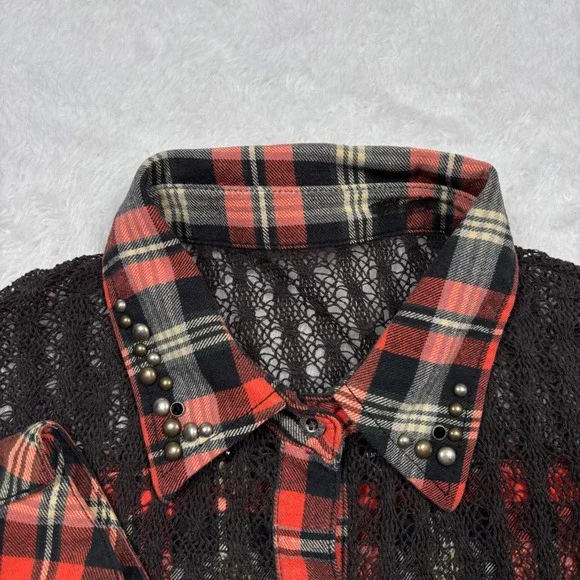 Miss Me Flannel Western Button Women S Plaid Studded Crochet Lace Cowgirl Rodeo - Picture 6 of 14